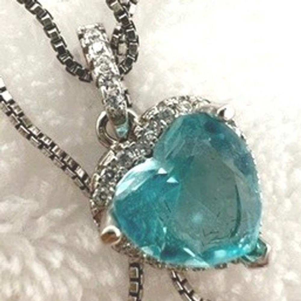 Sterling Silver CZ Necklace‎ Blue Heart Halo Cubic Zirconia - Picture 10 of 14